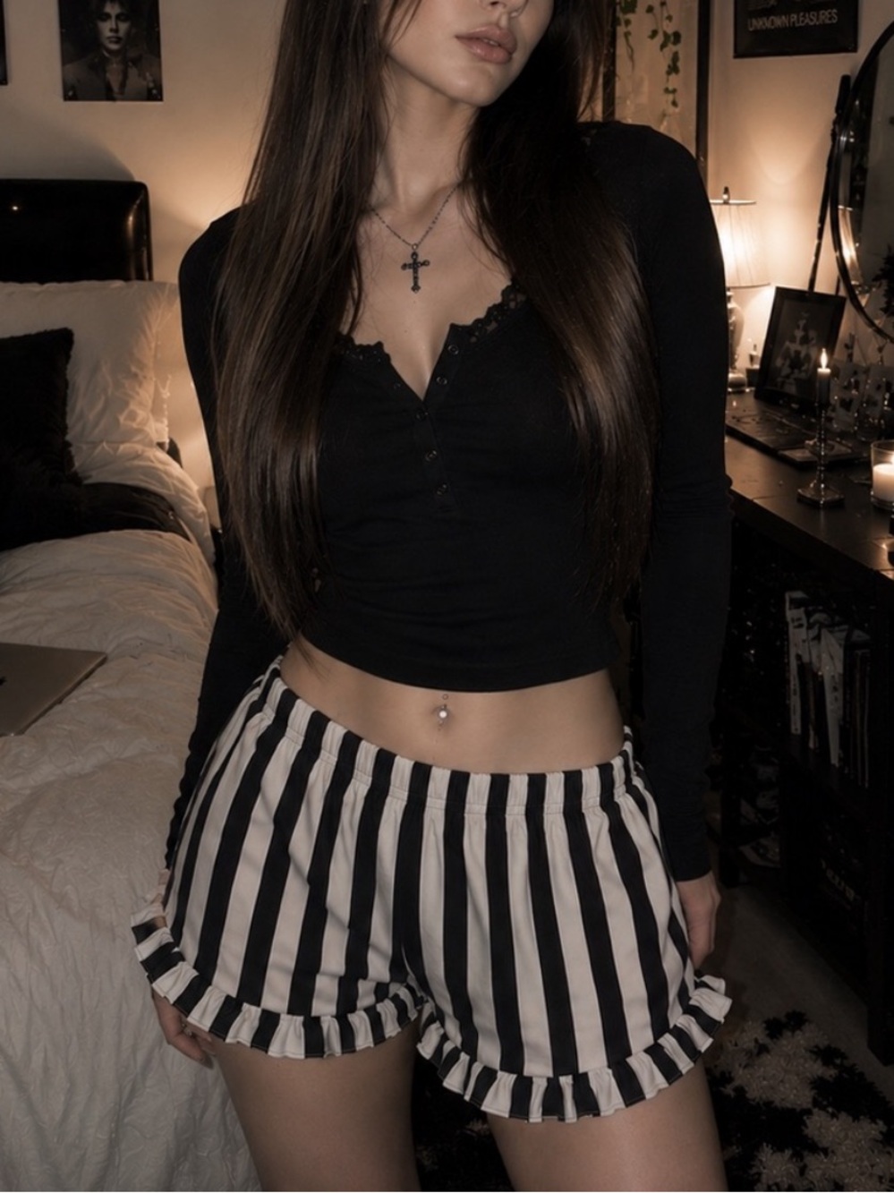 Goth Loungewear Black & White Striped Shorts